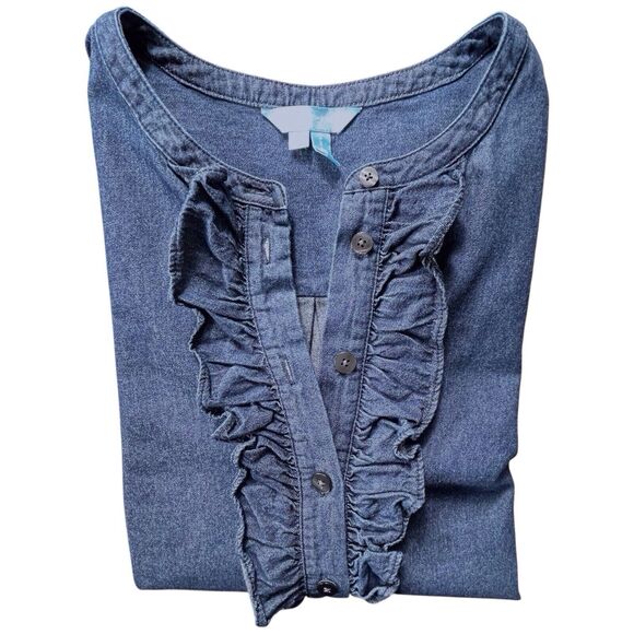 DRAPER JAMES Chambray Ruffle Shift Dress Size 4 Blue Denim Dark Wash - Picture 16 of 16
